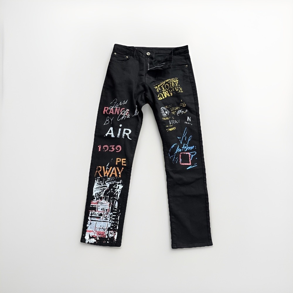 D'AndiJieshen Mens Jean Black Straight Leg Graphic Print Punk Urban Art Size 34